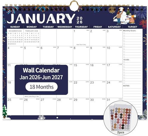 2026 Calendar 18 Monthly Wall Calendar Runs from January 2026 until June 2027 Spiral Binding Hanging 11.5 x 14.7 Thick Paper with Julian Dates and Block for School Office（Festive)