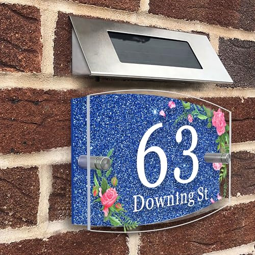 Personalised House Numbers Plaques Door Numbers House Sign for outside Glitter Acrylic House Number Road Plate Plaque Street Name Address Signs for Wall & Door Outside Decor (Blue, Design 3)