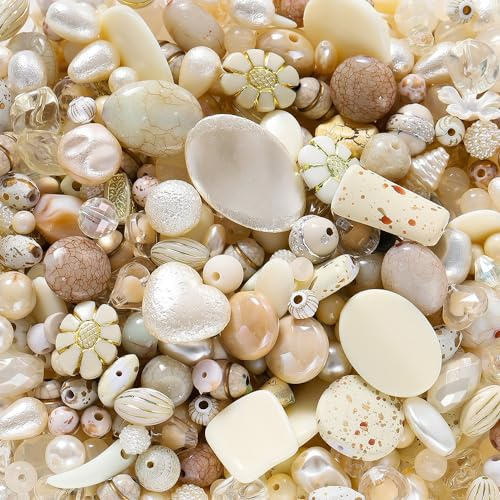 Anevous 2 Packung Acryl Gemischte Lose Perlen,Mit 13 Meter elastisches Seil,für Handykette Armbänder Halskette DIY Basteln,Schmuckzubehör,Beads Zum Auffädeln mit Loch,20 Gramm,ca.10-20 Stück,Beige