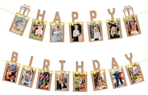 Seutgjie Decoración de Cumpleaños, Guirnalda Cumpleaños Foto Banner con Luces LED y 15 Tarjetas para Fotos