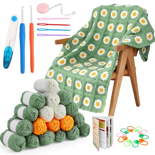 Mekturm Crochet Kit, Crochet Blanket Kit, Complete Starter Crochet Kits for Beginners Adults with Step-by-Step Instructions Book Yarn & Accessories, Learn to Crochet Daisy Granny Square