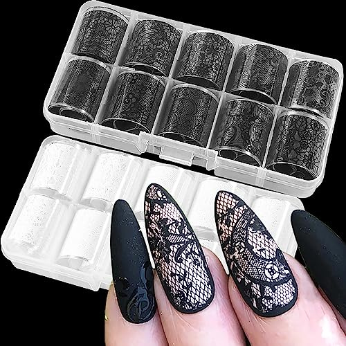 20 Rollen Spitze Nagelfolie Weiß und Schwarz Nageltransferfolie Blume Nail Art Folien Abziehbilder Holografische Folien für Nägel Maniküre Aufkleber für DIY Acryl Nägel Dekoration