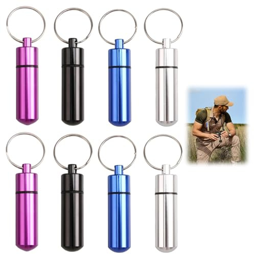 8 PCS Kleine Pillendose mit Schlüsselanhänger, Mini Pillendose, Tragbare Tablettendose für unterwegs, wasserdichte Tablettenbox klein für unterwegs, für Reisen, Outdoor und Alltag
