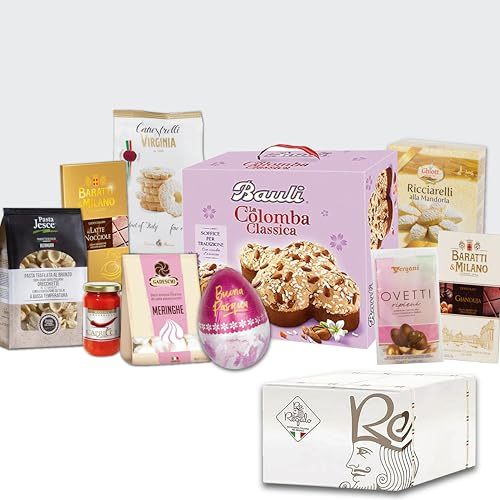 Re Regalo Confezione Regalo Dolce Pasqua 2026, 10 Pezzi con Colomba Bauli 500g, Uovo Del Conte 150g, Cioccolato Baratti & Milano, Ricciarelli, Pasta Jesce 500g e Sugo Arrabbiata, Idea Regalo Cesto