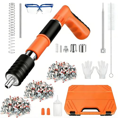 Clavadora de hormigón, clavadora de remache, pistola de clavos portátil con 200 clavos redondos, pistola manual con 5 niveles ajustables, para paredes de hormigón (Naranja)