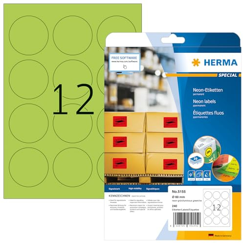 HERMA 5155 Farbige Etiketten rund neon grün, 20 Blatt, Ø 60 mm, 12 pro A4 Bogen, 240 Stück, selbstklebend, bedruckbar, matt, blanko Papier Neon-Etiketten Farbaufkleber