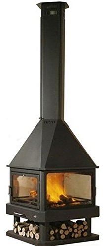 Chimenea calefactora central, de leña, metálica, modelo Huelva con accesorios