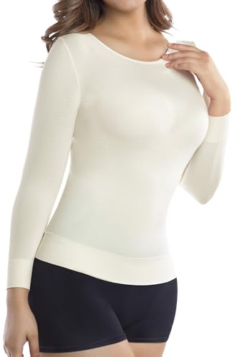 +MD Women Light Compression Shirts, 3/4 Sleeve Scoop Neck Soft Smooth Tummy Control Tops, Perfect for Underscrubs & Workout IvorySmall