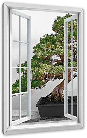 Pixxprint Bonsai Baum auf Holztisch, Fenster, Größe: 80x60cm, Leinwandbild, fertig gespannt, Wandbild, Dekoration, Kunstdruck, kein Poster