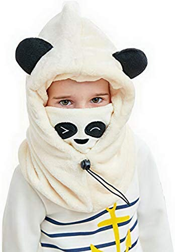 Fancyland Unisex Kinder Winter Mütze Jungen Mädchen Kapuzenschal, 5 in 1 Hut mit Warmen Schal Ski-Outdoor Sport Winter Schlupfmütze Cap 4-15 Jahren (Cream Panda)