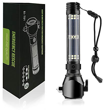 Serjur Luz flash multifunción 8 en 1, recargable por USB, linterna solar, cortador de cinturón de seguridad, alarma y cargador de smartphone, linterna táctica LED para coche para emergencias