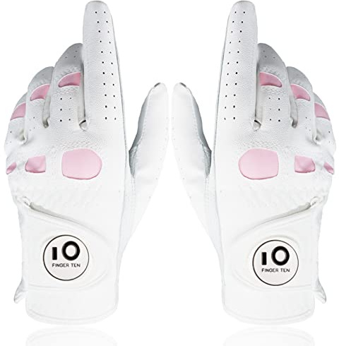 FINGER TEN Golf Gloves Women Leather Glove with Ball Marker for Ladies - Enhanced Grip, Comfort & Durability for Female Golfers (White&Pink-1 Pair, Medium)