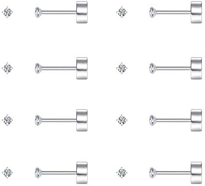 FOSIR 8 Pairs Tiny Flat Back Earrings for Women Men Surgical Stainless Steel Stud Earrings Cubic Zirconia Cartilage Earring Hypoallergenic