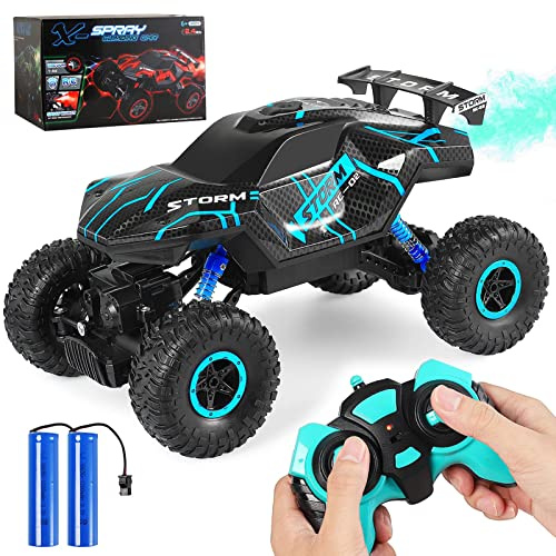 Herefun Ferngesteuertes Auto, 2.4GHz Offroad RC Auto, 4WD Ferngesteuerter Monstertruck mit LED Licht + Spray, Wiederaufladbar High Speed RC Truck, Geländewagen Auto für Kinder ab 4 5 6 7 8 9 10 Jahr