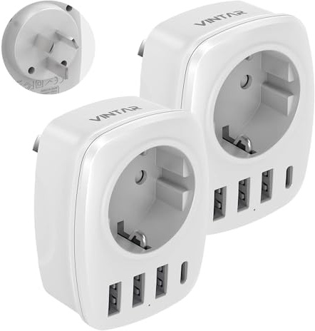 VINTAR 2 Pack Australien Reiseadapter Typ I mit 3 USB-A & 1 USB-C | 2er Pack 5-in-1 Typ I für Australien, China, Neuseeland, 3 USB-A + 1 USB-C, Weiß, platzsparend