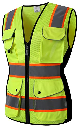 JKSafety 9 Pockets Women Hi-Vis Reflective Safety Vest | Mesh Neon Yellow | Reflective Strips with Orange Extended Trims | ANSI Compliant (168-Yellow, M)