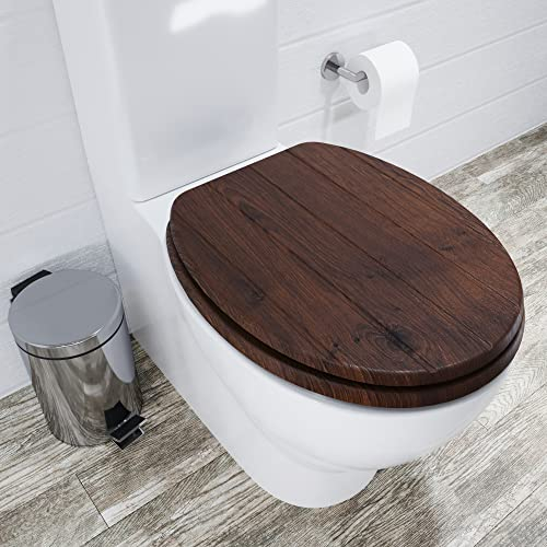 Croydex Molvena Wooden Toilet Seat - Adjustable Hinges with Top and Bottom Fixings Included and Rust Free Chrome Plated Hinge Covers, Antibacterial Treated Surface (Walnut Effect)