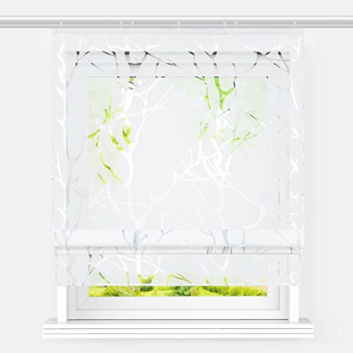 Heichkell Raffrollo mit Klettband Voile Raffgardine Ausbrenner Design Fenster Vorhang Transparent Rollos ohne Bohren Luftiger Gardinenschal Zweige Ausbrenner Weiß BxH 120x140cm