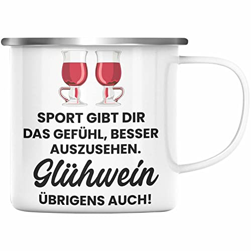 Trendation - Glühwein Emaille Tasse Lustig Spruch Glühweinbecher mit Henkel Doppelwandig GlühweinEmaille Tassen Gläser Weihnachtsmarkt Becher Emaille Tassen Geschenk (Silber)