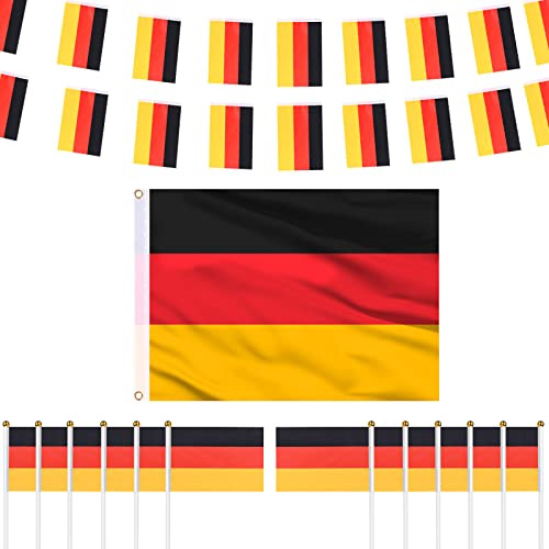 AhfuLife Deutschland Flagge Deko Set, 90x150cm Deutschland Flagge, 10m Deutsch Fahnenkette und 12 Stück Mini Germany Klein Fahne für Eurovision Damen Fußball EM Bar Party Deko