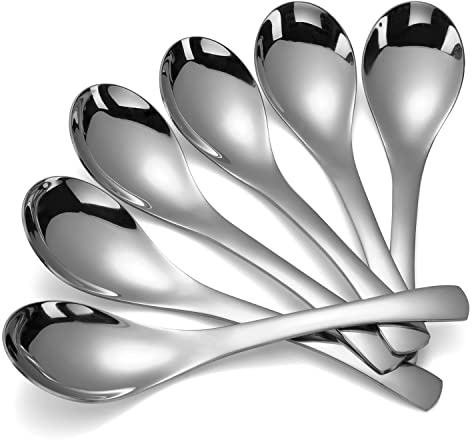Cucchiai da minestra asiatici in acciaio inox Set di 6 cucchiai da tavola rotondi pesanti a specchio in argento lucido Ramen