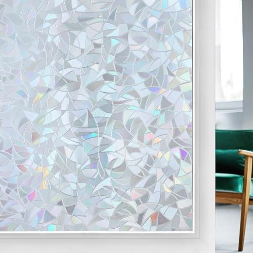 rabbitgoo Fensterfolie Blickdicht Regenboge Sichtschutz Silber 90x200cm | 3D Selbsthaftende Sichtschutzfolie Fenster Statisch Haftend Folie ohne Klebstoff Anti UV Sonnenschutz für Büro Wohnzimmer