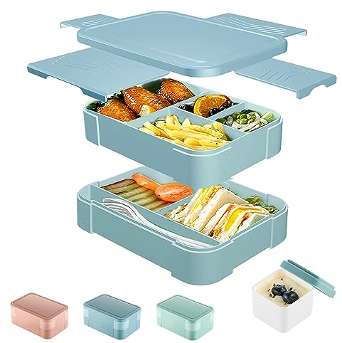 CALIYO Brotdose Kinder mit Fächern, 1550ml Bento-Box, Auslaufsicher Lunchbox Kinder, Jausenbox für Schule/Büro/Picknick| BPA-frei | Mikrowellen- und Spülmaschinenfest | Kinder & Erwachsene（Hellblau）