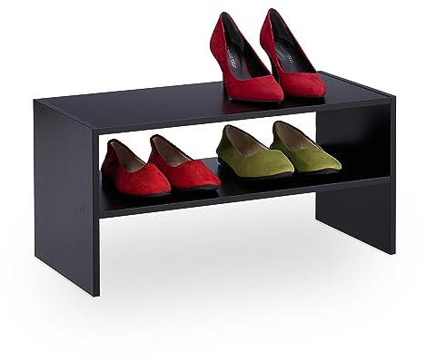 Relaxdays Skohylla, 4 par skor, HBT: 29,5 x 60 x 29,5 cm, smal, 2 plan, hall skohylla, stapelbar, svart