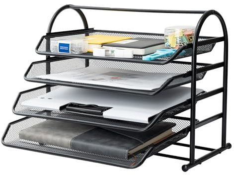 Briefablage mit 4 Ebenen, Netzstoff, Büro-Schreibtisch-Papier-Organizer mit verschiebbaren Ablagen für Schreibtischzubehör, Bürobedarf und Aktenaufbewahrung, schwarz