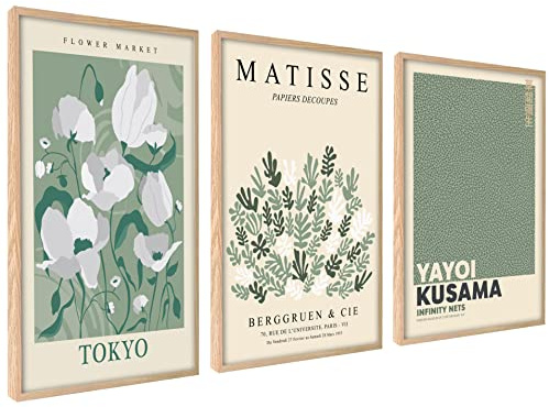 ag.art deco Quadri Moderni Soggiorno con Cornice in Legno A3 30x40 cm | Poster da Parete | Quadri Camera da Letto o il Soggiorno | Set di 3 Stampe da Parete (Fiori Matisse)