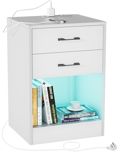 PIPIPOXER Nachttisch mit Steckdose & USB, Nachttisch LED mit 2 Schubladen Nachschrank für Wohnzimmer,Schlafzimmer Bett 40x35x60cm Weiß