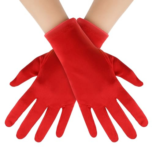 Yolev Guanti Corti in Raso da Donna per Ballo Sposa e Feste - Rosso, Elastici, Lunghezza Totale 9 per Abiti da Banchetto di Nozze