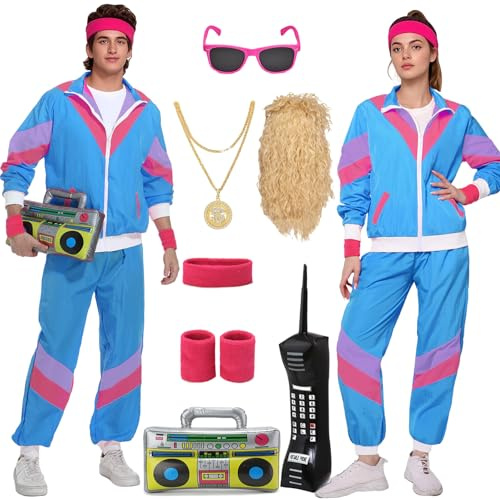 Velmawig 80er 90er Jahre Outfit Herren Damen Kostüm Jogginganzug Trainingsanzug Jacke und Hose Retro Anzug mit Accessoires Radio Sonnenbrille Halskette Schweißband für Karneval Fasching Mottoparty