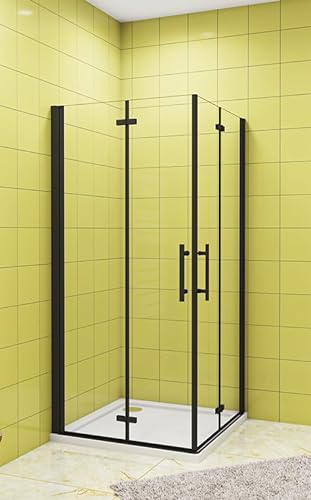 Aica Sanitär Duschkabine Eckeinstieg Falttür Duschabtrennung Nano Glas,H195cm,Schwarz,70x70cm