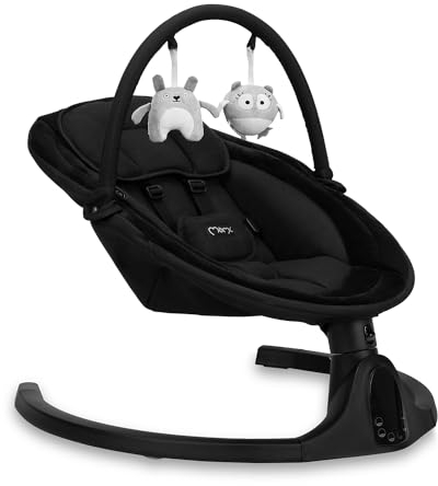 MoMi KENANI ONYX Babywippe für Babys bis 9 kg, mit LED-Display, Fernbedienung & Bluetooth für Smartphone, Batterie- oder Stromanschluss, mit 5-Punkt-Sicherheitsgurt, Bügel und Spielzeug