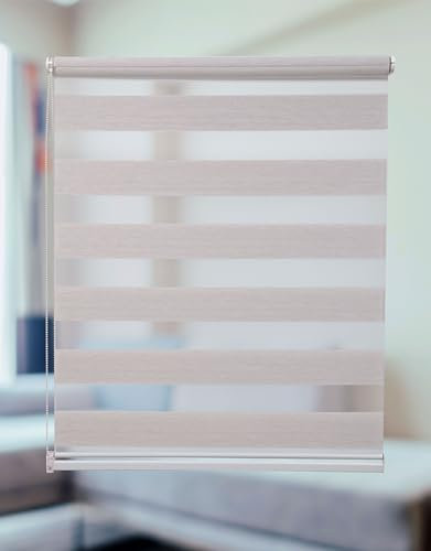 PlisseeOnline Doppelrollo Klemmfix ohne Bohren Beige mit Perlen Duo Rollo für Fenster und Türen Plissee Rollo Gardine 110 x 150 cm Blickdicht Klemmrollo mit Perlen Seitenzugrollo