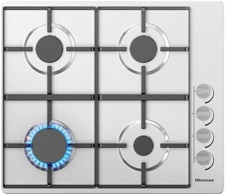 Hisense GM642XHS Plaque de cuisson à gaz encastrable 60 cm en acier inoxydable avec 4 zones de cuisson, surface facile à nettoyer, allumage à une main, 60 x 52 x 8,9 cm (L x l x H)