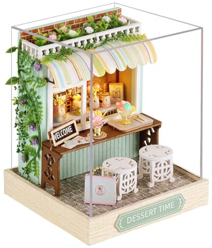 CUTEROOM Kit casa in miniatura fai-da-te, kit casa delle bambole in legno, kit mini casa con mobili e copertura antipolvere (Dessert Time)