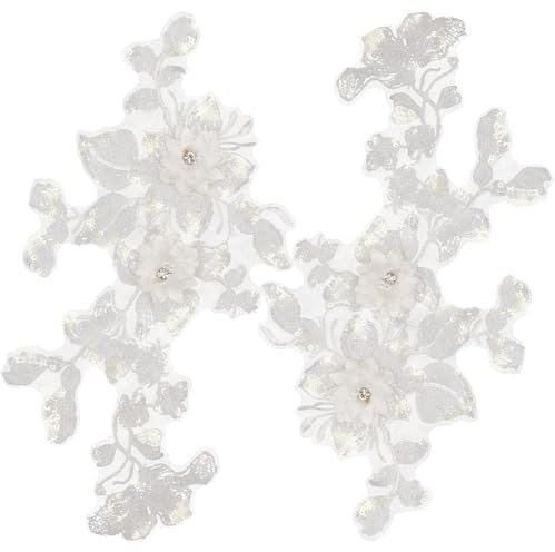 GORGECRAFT 2Stk 3D-Blumen Bestickte Spitzenapplikation Zum Aufnähen Glitzer-Pailletten Perlen Blumenkragen Stoff Bastel-Dekoration Aufnäher Zum Nähen Hochzeitskleidung Kleiderhosen Jeans Taschen Weiß