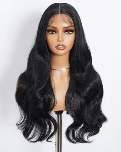 Style Icon Lange Schwarze Body Wave Perücken Synthetische Lace Front Perücke 26 Zoll Vorgezupft mit Babyhaar T Part Lace Perücke (1B)