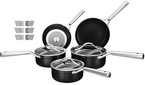 5 Piece Pots & Pan Set, Non Stick 16,18,20cm Saucepans, 20,24cm Frying Pans, Stainless Steel Handles, Oven Safe PTFE Free, Suitable for Induction, Gas and Electric Hobs Includes Tempered Glass Lids