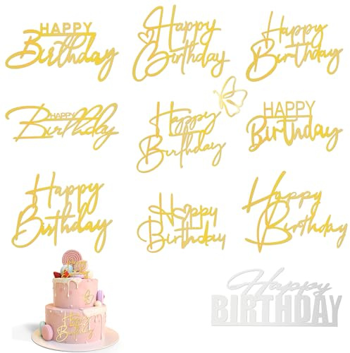 AOZUO Pack of 10 Happy Birthday Cake Decorations, Happy Birthday Cake Toppers Made of Acrylic, Cake Toppers, Gold Cake Decorations, Cake Boards DIY Cake Decoration, Birthday Party Accessories