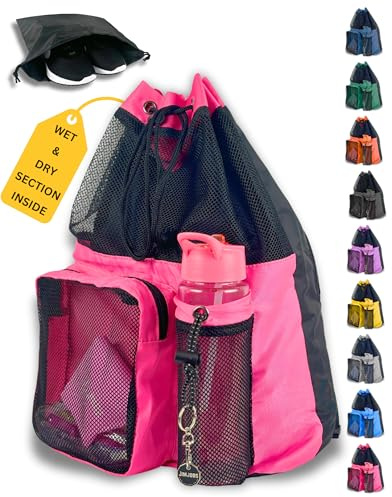 JIMJOOS Drawstring Mesh Swimming Bag - 25L Waterproof Swim Bag with Wet/Dry Compartment, Multifunctional Sports Backpack for Kids, Adults, Swimming, Surfing, Beach, Gym (PINK)