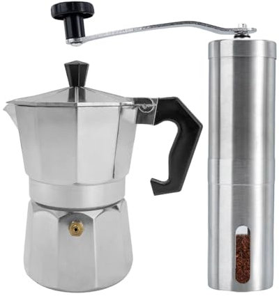 INTIRILIFE macchina da caffè espresso argento con macinacaffè manuale - set da caffè, macinacaffè manuale con caffettiera moka italiana, chicchi macinati