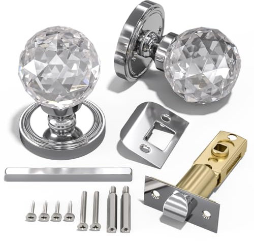 Bwintech 1 Par Cromo Cepillado Crystal Pomos de las Puertas, 65mm Palace Style Crystal Manija de la Puerta Interior con el Kit para el Pasaje, Dormitorio, Pasillo