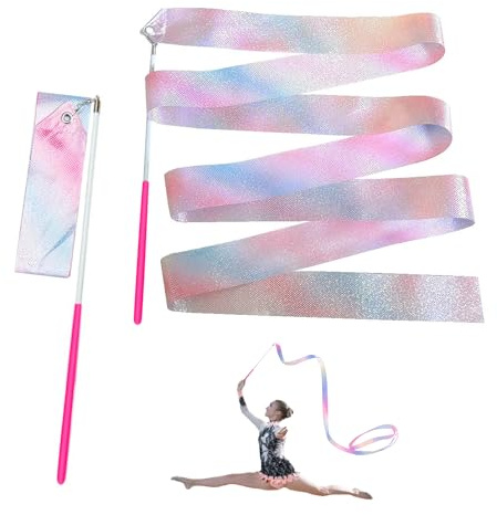 Lpolkvemelh 2 Packs Gymnastic Dance Ribbons, 78.7 inches Sparkling Rhythmic Dancing Ribbon with Pink Wands, Children Colorful Flashing Dancers Twirling Streamers for Home Game Talent show