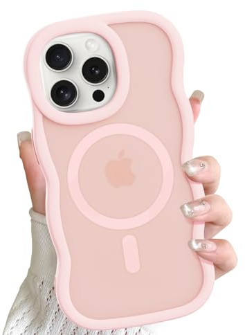Cover Magnetica Ondulata per iPhone 15 Pro Max Compatibile con MagSafe Custodia Cornice Ondulati Riccia Forma Traslucida Opaca Antiurto Anti-Scratch Case per Ragazze Donne, Rosa