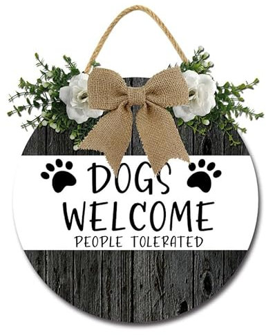 Geroclonup Dog Wall Art Sign Decor Dogs Welcome People Tolerated Porch Sign Dog Welcome Sign for Font Door Outside Decor Dog Hanging Wood Wall Art Sign for Home Decoration 28cm