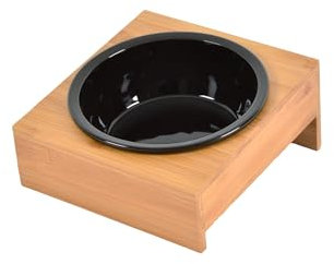 Love Story, Ciotola in ceramica nera con supporto in bambù naturale, D16 cm, 18 x 20 cm