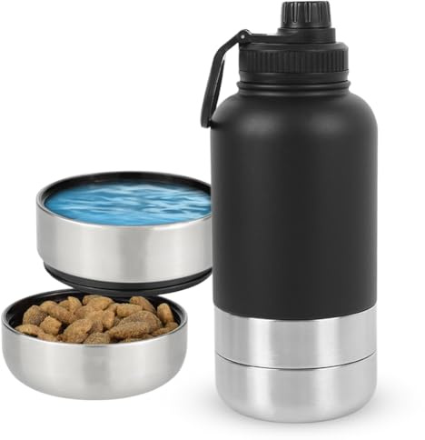 Trinkflasche Hunde für Unterwegs 950ml, Hundezubehör mit Futternapf und Wassernapf, 4 in 1 Isolierte Edelstahl Hundetrinkflasche, BPA-Frei